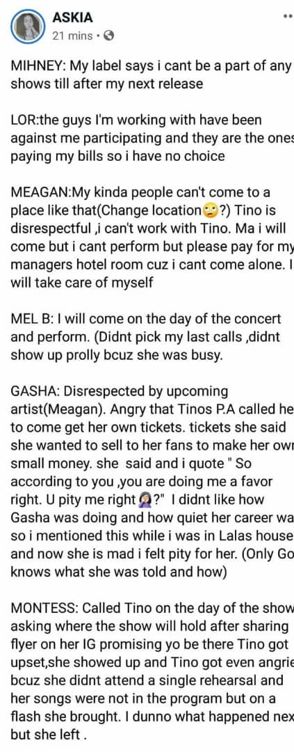 Askia Posted Alleged reasons why these Female acts were Absent from her Concert