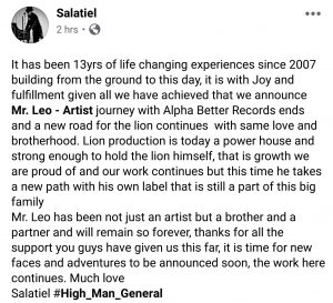 Salatiel Confirms Mr. Leo's Exit From Alphabetter Records