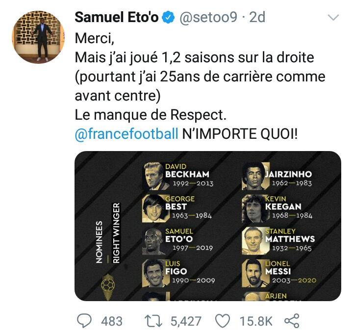 Samuel Eto'o lambast Ballon d'Or