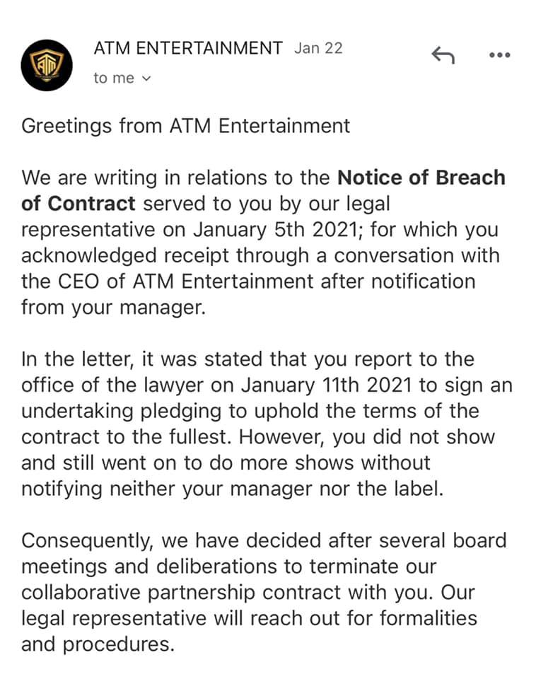 Email From ATM Entertainment to Fhish