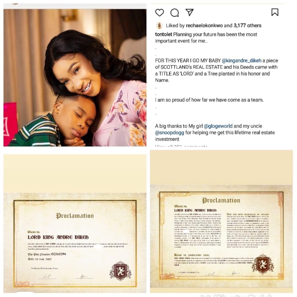 Nigerian Actress Tonto Dikeh  gift her son a Scotland's real estate as he turns 6