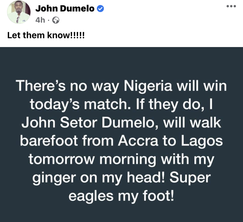 John Dumelo Swears to Trek From Accra to Lagos if Nigeria Defeats Ghana in Today's Match