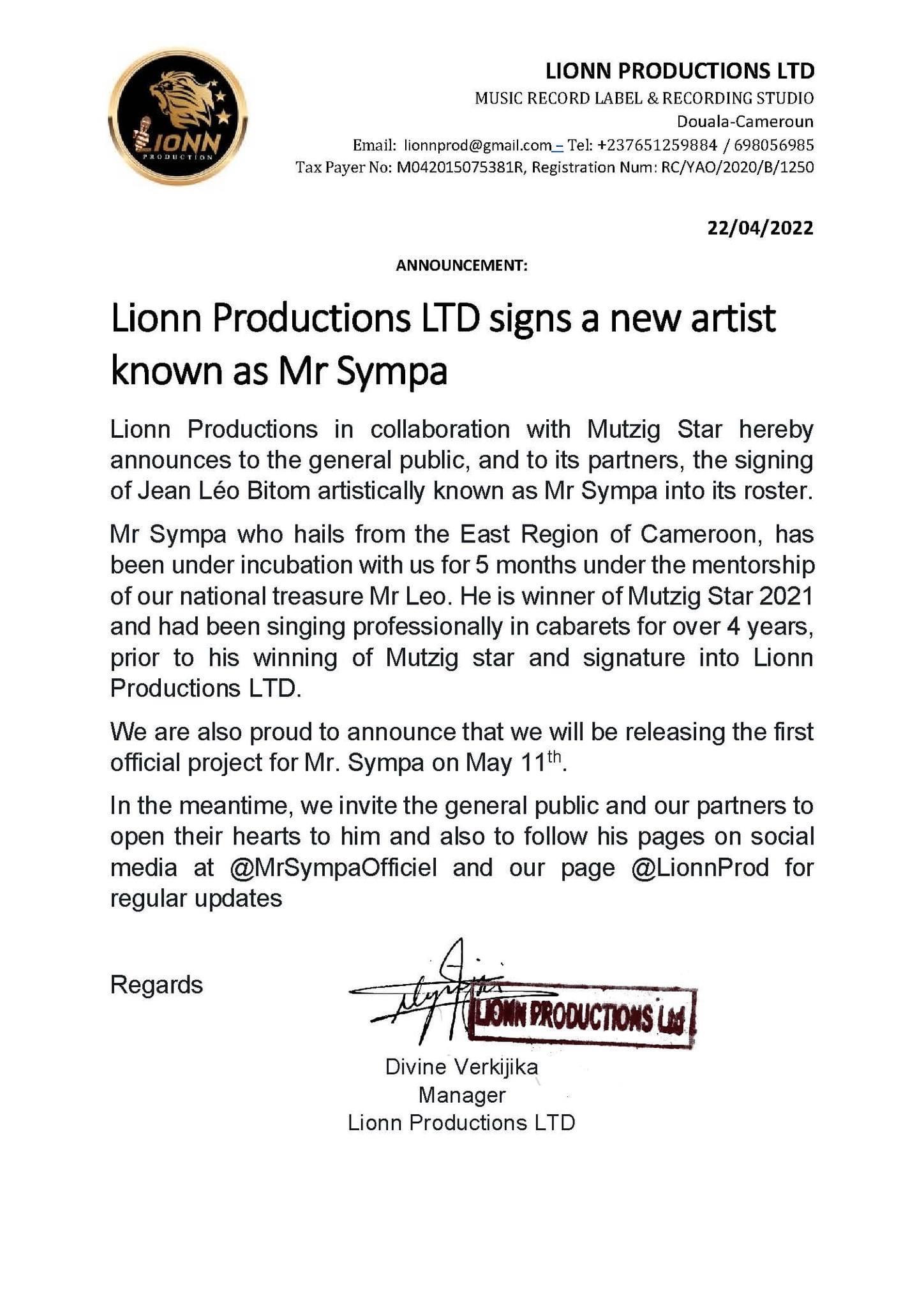 Lionn Production Signs New Artist Mr Sympa