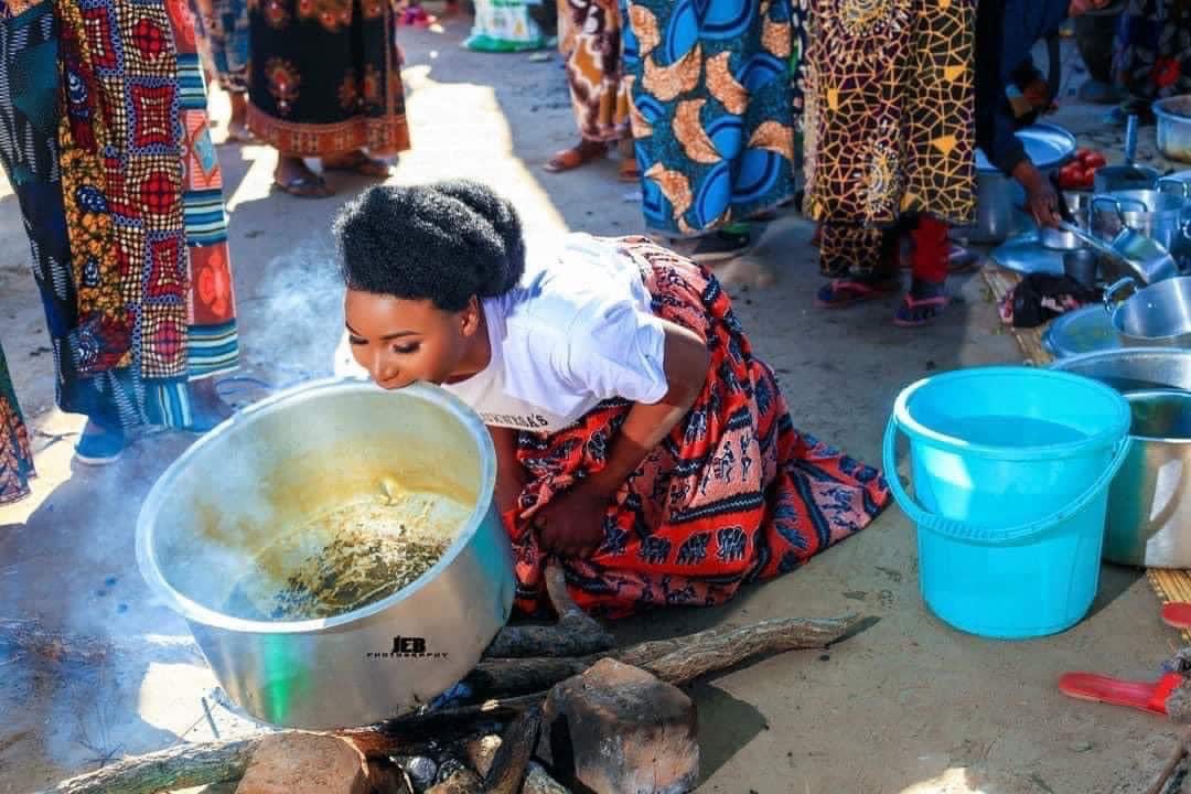 Beautiful Bride cooks with teeth on her wedding day