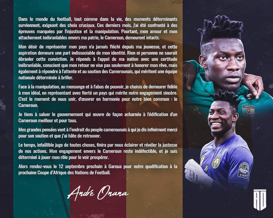 Official Press Release From Andre Onana Annoucing his return to the Indomitable lions